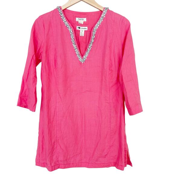 Malvin Pink 100% Linen Beaded Split Neck Tunic Sz M - Picture 1 of 6